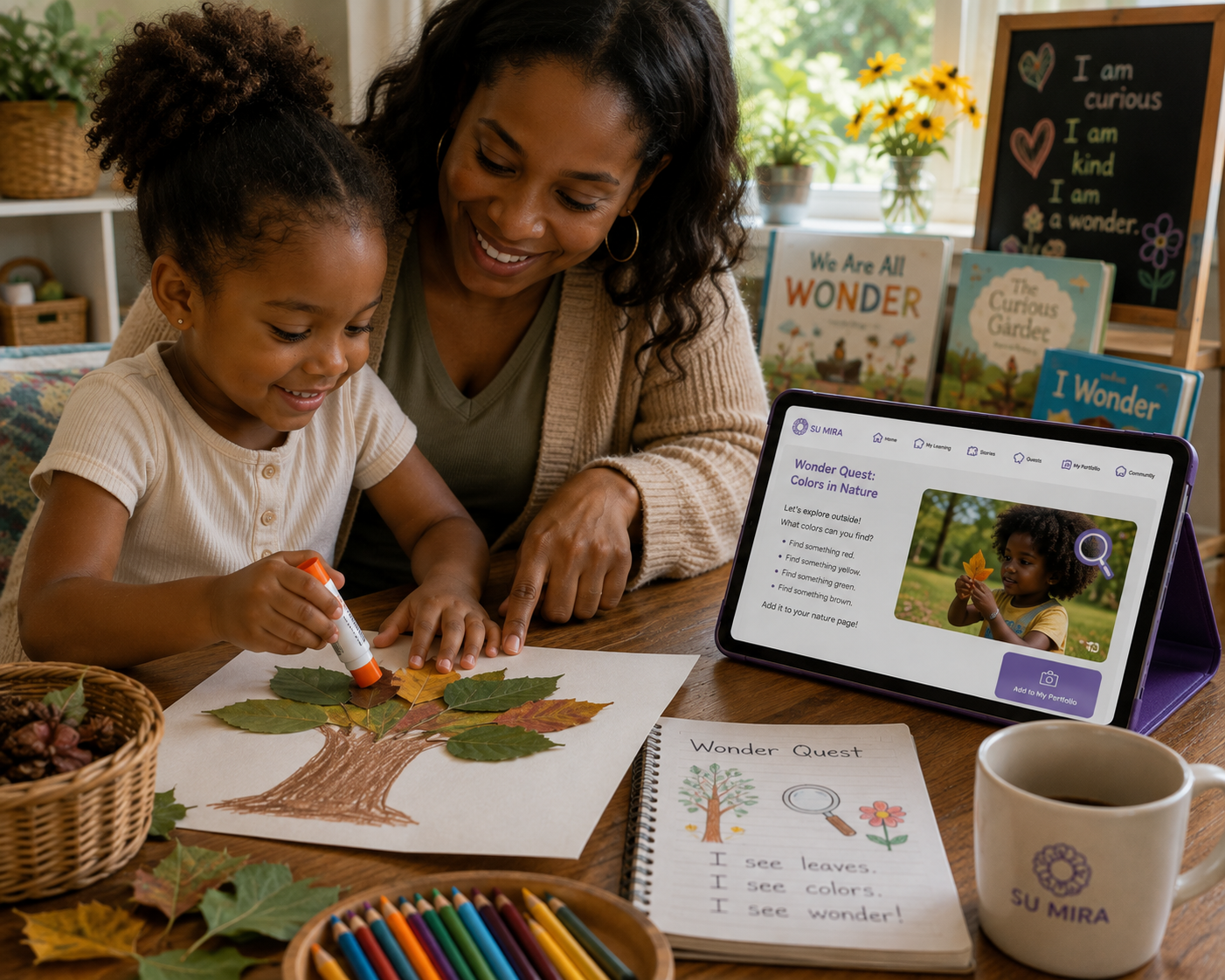 A parent and child completing a Wonder Quest nature craft together while using the Su Mira tablet app