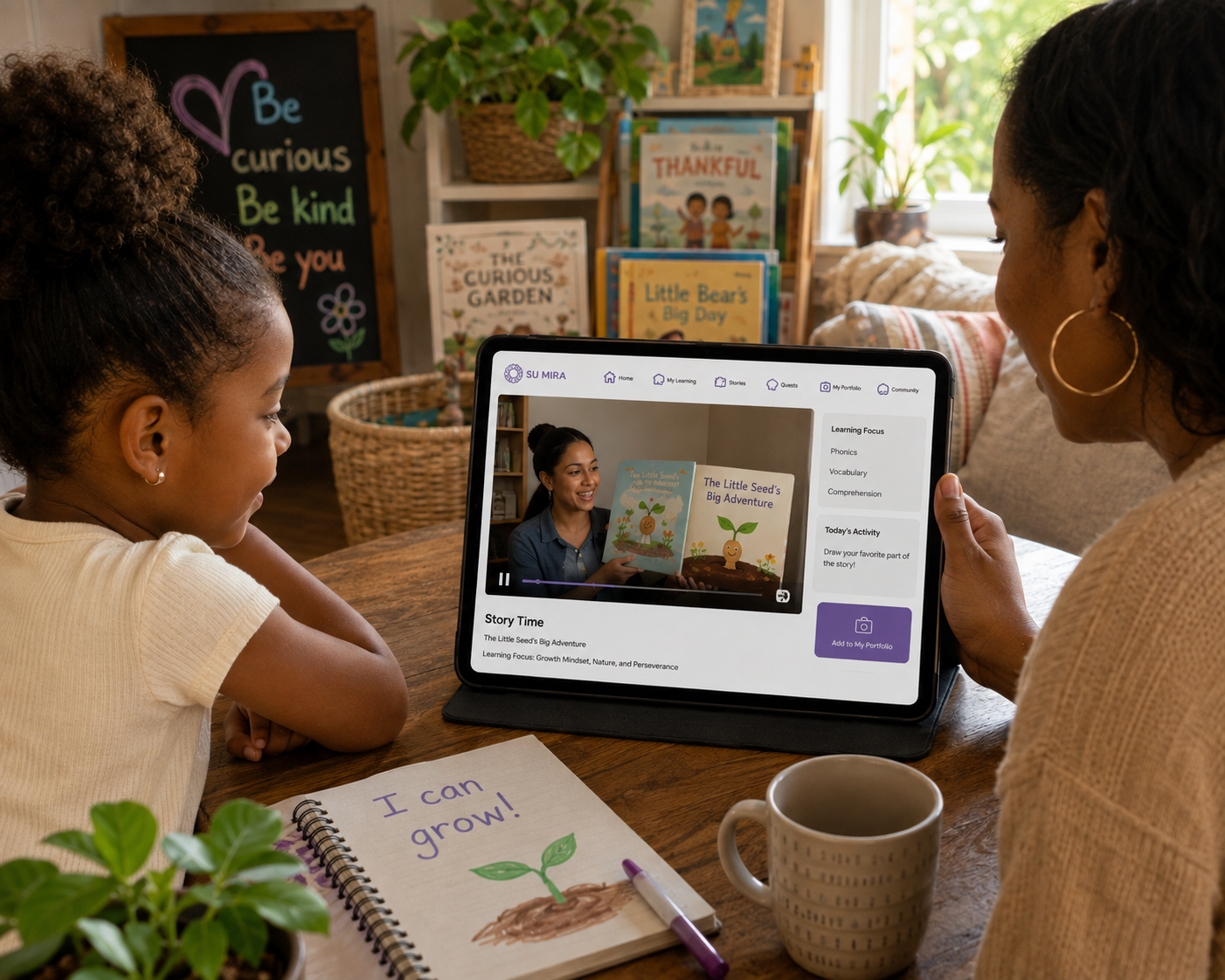 A parent and child using the Su Mira Wonder Studio platform together